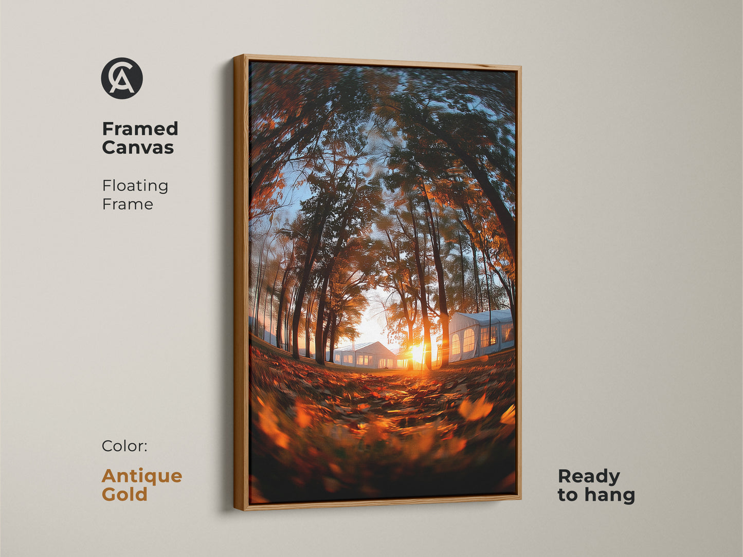Framed canvas artwork displaying a sunset forest with an antique gold floating frame. Ready to hang and adds a touch of luxury. The sunlight glows behind the tents. Elevate your decor with this framed artwork.