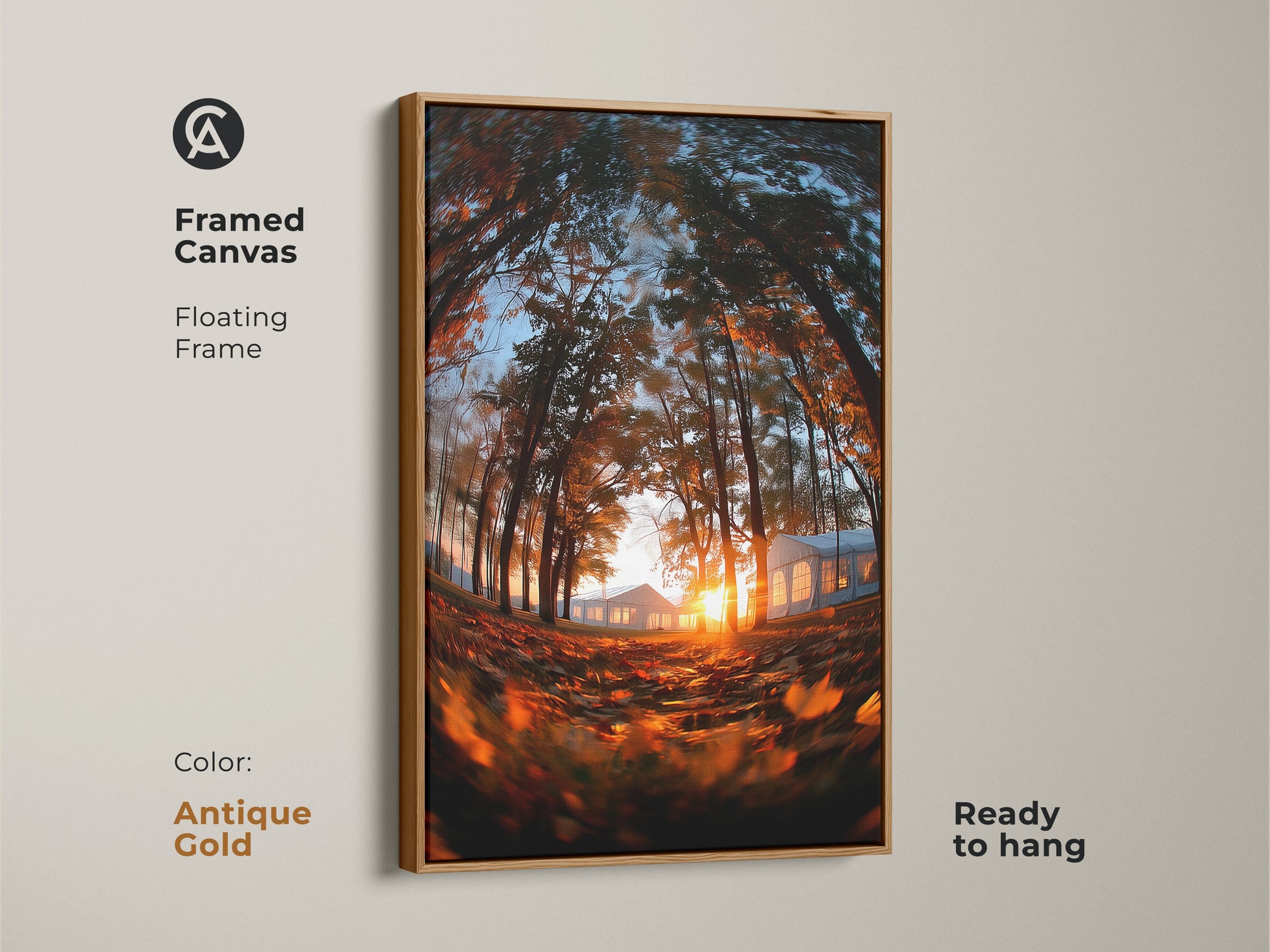 Framed canvas artwork displaying a sunset forest with an antique gold floating frame. Ready to hang and adds a touch of luxury. The sunlight glows behind the tents. Elevate your decor with this framed artwork.