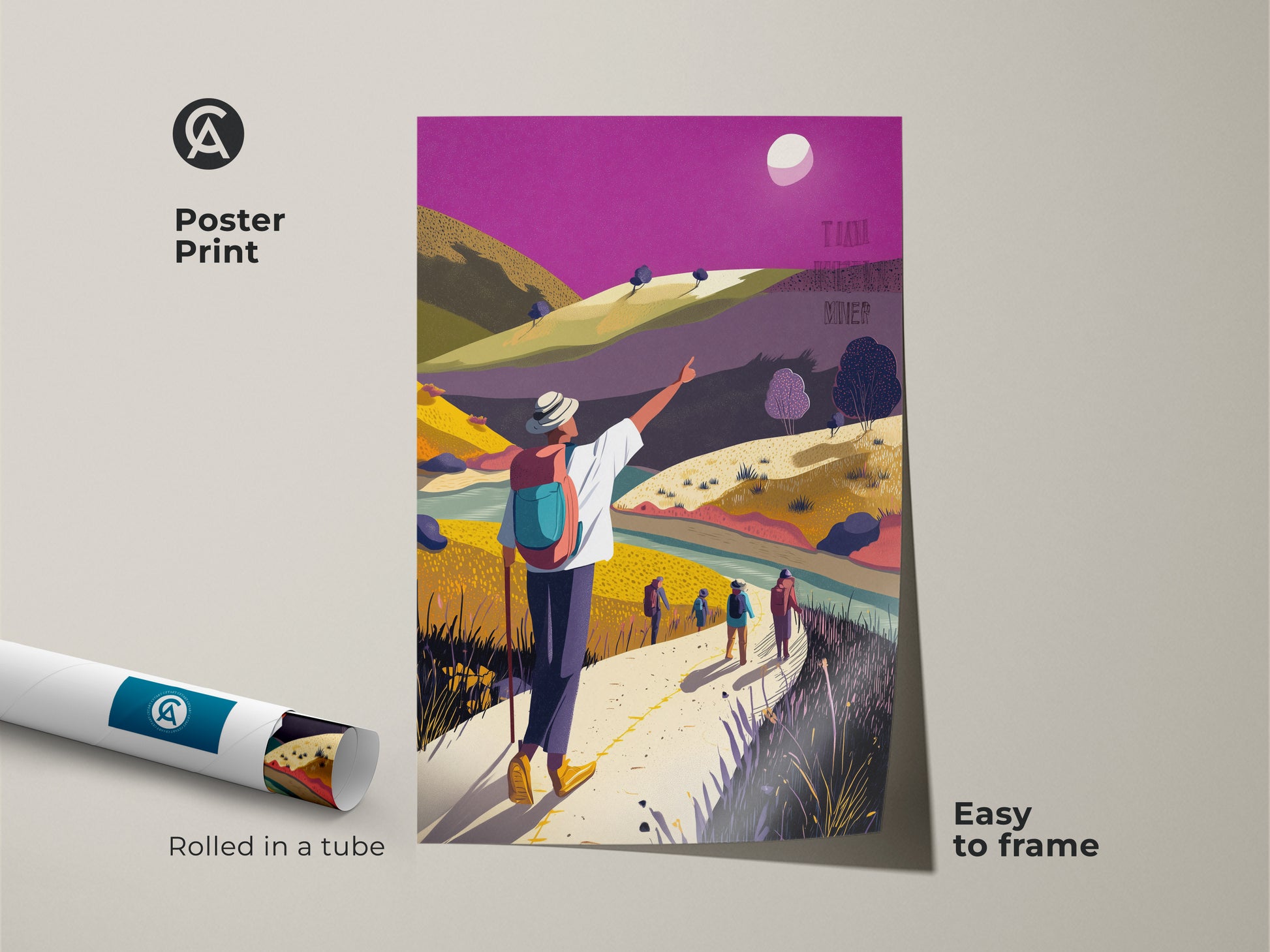 Easy to frame poster print of a flat design adventure art. The rolled travel landscape art features hikers. See vibrant yellow green and purple colors. This colorful boho decor is museum-quality.