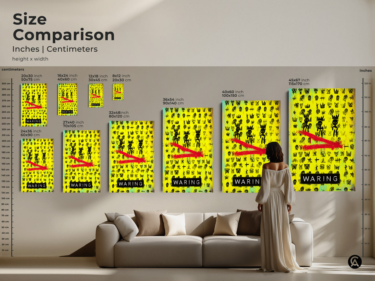 Size comparison of street art canvas prints featuring neon yellow and black graffiti. See how different sizes fit above a sofa. Artwork includes crowns and skulls perfect for teen room decor. Choose the ideal scale for your pop art canvas to enhance your eclectic wall decor.