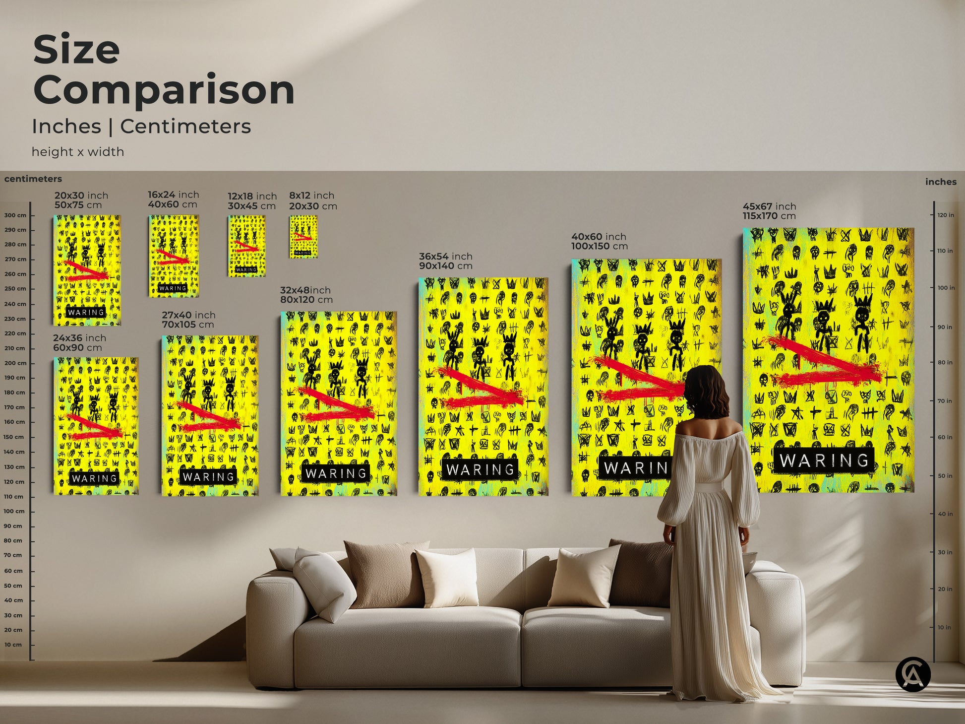 Size comparison of street art canvas prints featuring neon yellow and black graffiti. See how different sizes fit above a sofa. Artwork includes crowns and skulls perfect for teen room decor. Choose the ideal scale for your pop art canvas to enhance your eclectic wall decor.