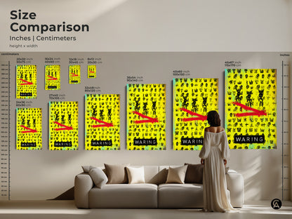 Size comparison of street art canvas prints featuring neon yellow and black graffiti. See how different sizes fit above a sofa. Artwork includes crowns and skulls perfect for teen room decor. Choose the ideal scale for your pop art canvas to enhance your eclectic wall decor.