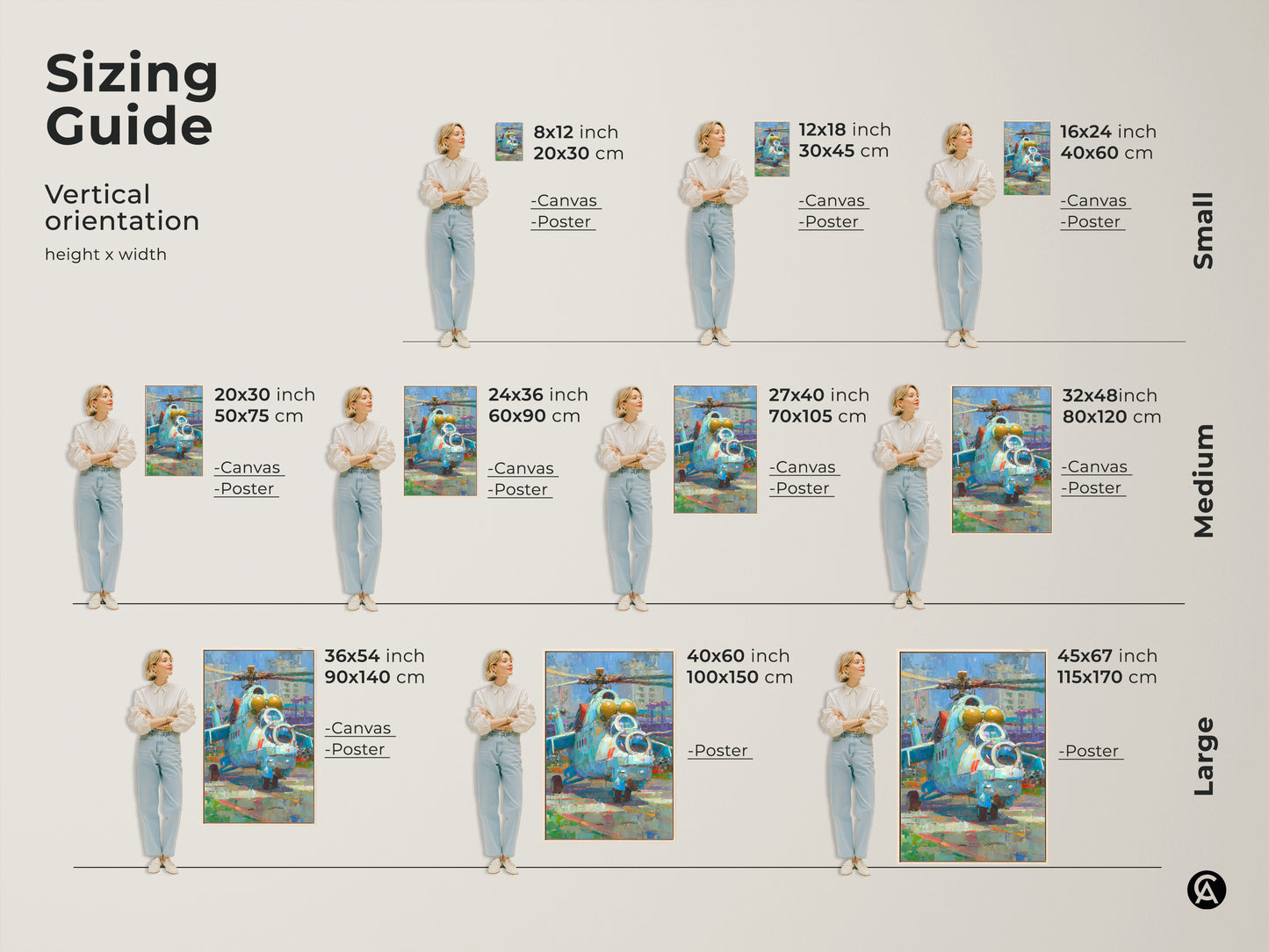 Sizing guide for military helicopter art prints. Vertical orientation height and width dimensions are shown. Available as canvas or poster in small medium and large sizes. Find the perfect fit for your space. Enhance your decor with this unique aviation artwork. Choose the ideal size for any room.