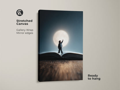 Stretched canvas gallery wrap print showing surreal fantasy artwork. A child reaches for the moon while standing on an open book. This conceptual dream art adds imaginative storytelling to a kid's bedroom.
