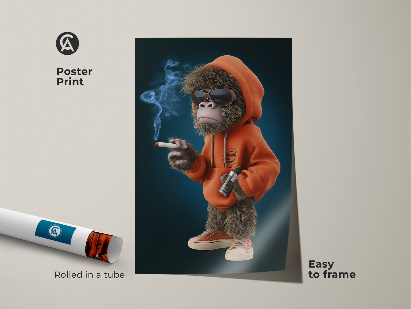 Poster print featuring a cartoon smoking monkey. This streetwear monkey print comes rolled in a tube for easy framing. The orange hoodie wall decor is perfect for adding humor to your space. Ideal for man caves or as a pop culture gift. The cool animal poster is easy to frame.