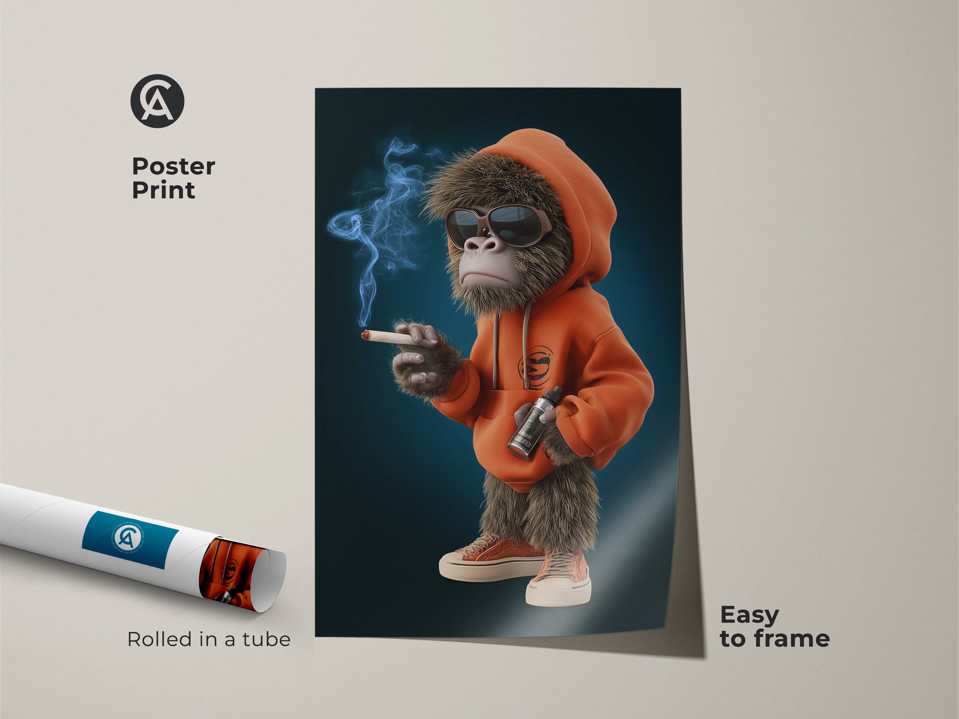 Poster print featuring a cartoon smoking monkey. This streetwear monkey print comes rolled in a tube for easy framing. The orange hoodie wall decor is perfect for adding humor to your space. Ideal for man caves or as a pop culture gift. The cool animal poster is easy to frame.