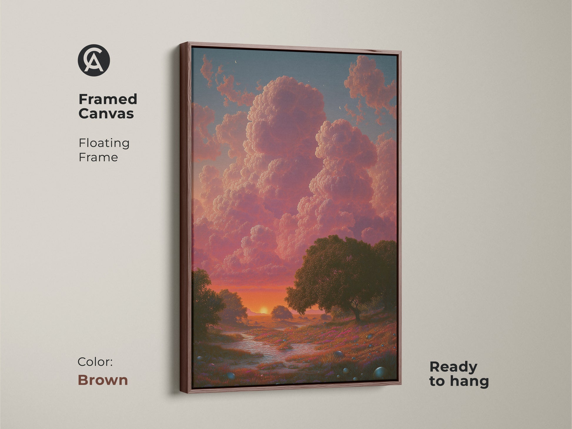 Framed canvas with floating frame featuring dreamy landscape. The brown frame complements the boho sunset wall art. Impressionistic cloud art brings nature trees canvas art to life. This is ready to hang.