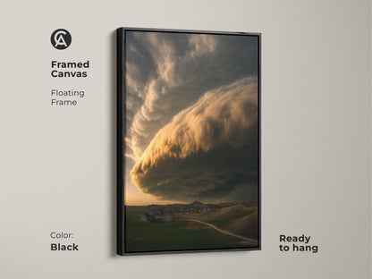 Framed canvas with a black floating frame showing dramatic cloudscape artwork. The golden yellow cloud above the green field enhances this ready-to-hang art piece. Modern farmhouse wall art brings a captivating storm into your home office. Enjoy this unique nature artwork.