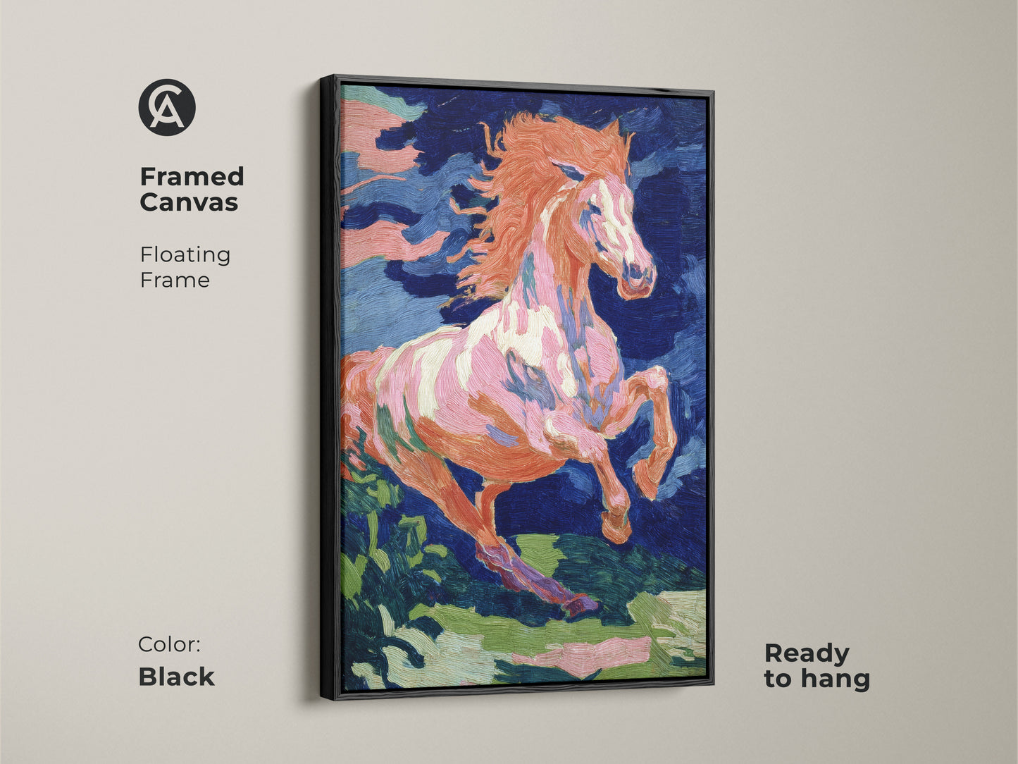 Framed canvas of an expressive horse with a black floating frame. The vibrant colors of orange pink and blue make it a striking piece. Ready to hang this equestrian wall art is perfect for an eclectic home style. A unique horse lover gift decor.