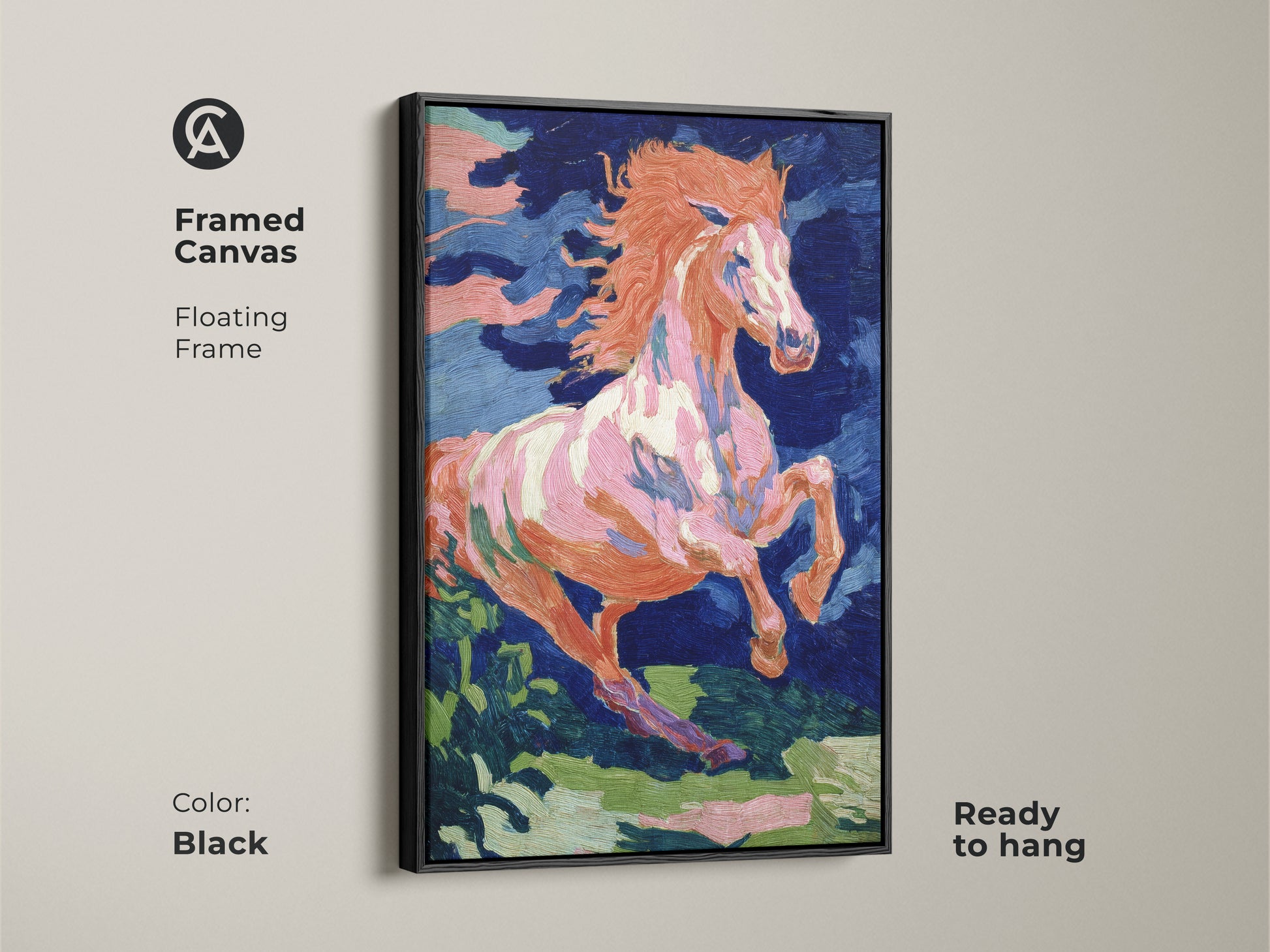 Framed canvas of an expressive horse with a black floating frame. The vibrant colors of orange pink and blue make it a striking piece. Ready to hang this equestrian wall art is perfect for an eclectic home style. A unique horse lover gift decor.