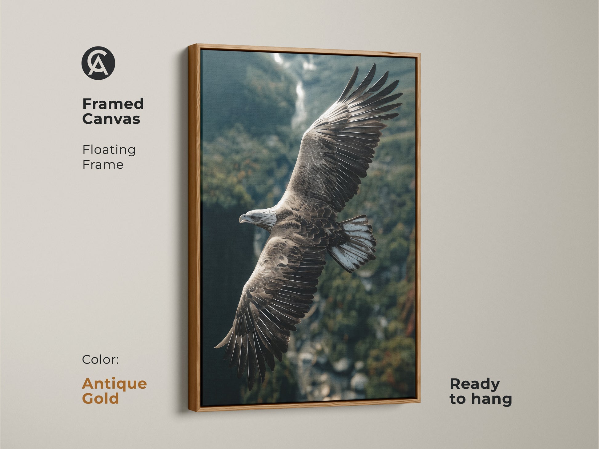 This canvas print shows a majestic eagle with an antique gold floating frame. The wildlife artwork adds a rustic touch to your home decor. Perfect for a study room or as a unique gift for a bird watcher.