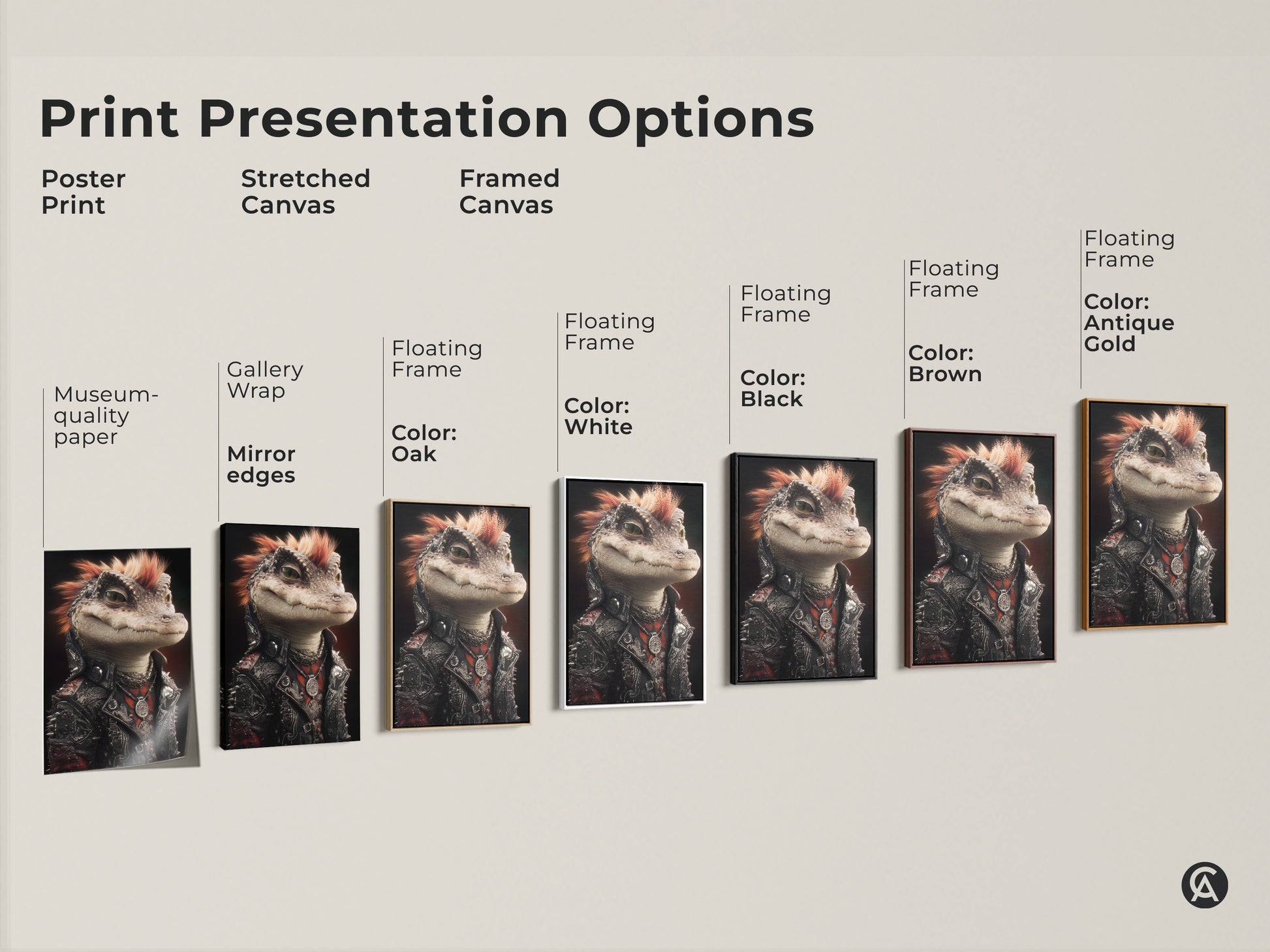 Explore print presentation options with the punk alligator artwork. Choose from poster prints or stretched canvas. Different frame colors are also available such as black brown white oak and antique gold. Find the perfect fit for your space and style.