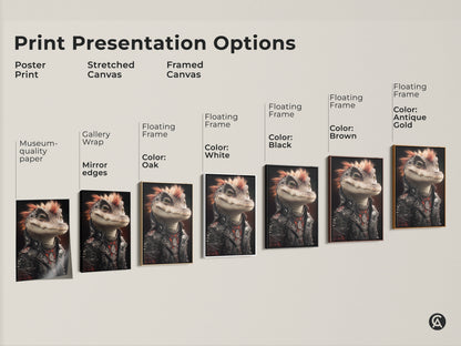 Explore print presentation options with the punk alligator artwork. Choose from poster prints or stretched canvas. Different frame colors are also available such as black brown white oak and antique gold. Find the perfect fit for your space and style.