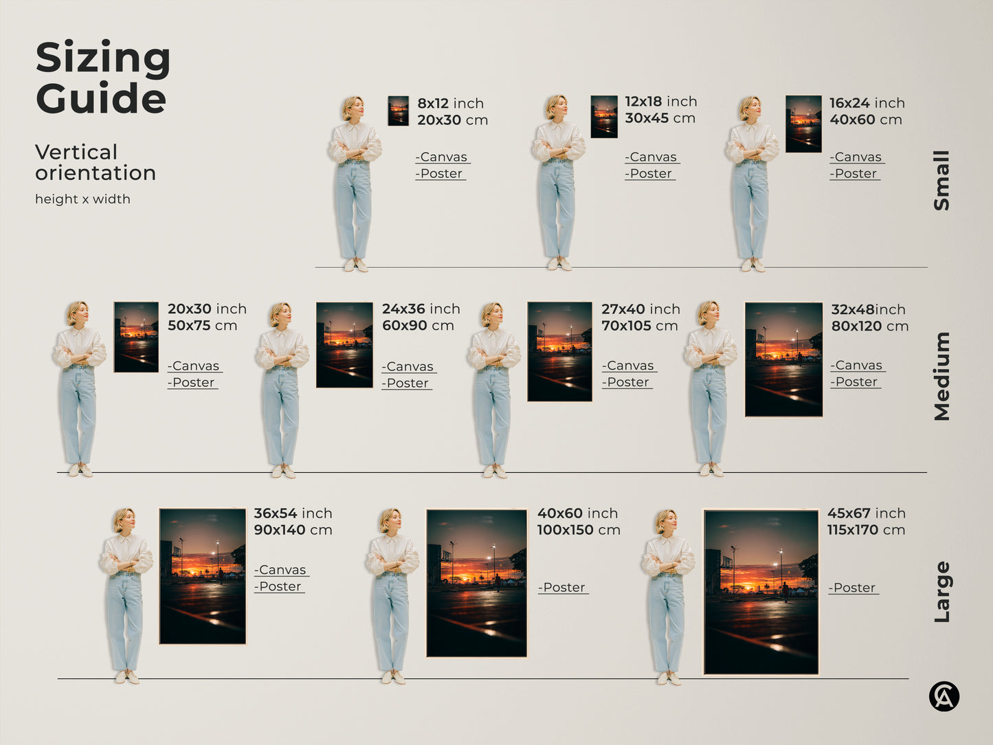 Sizing guide for vertical art prints. Available in small medium and large sizes. Options include canvas and poster prints. Find the perfect fit for your space and style. 