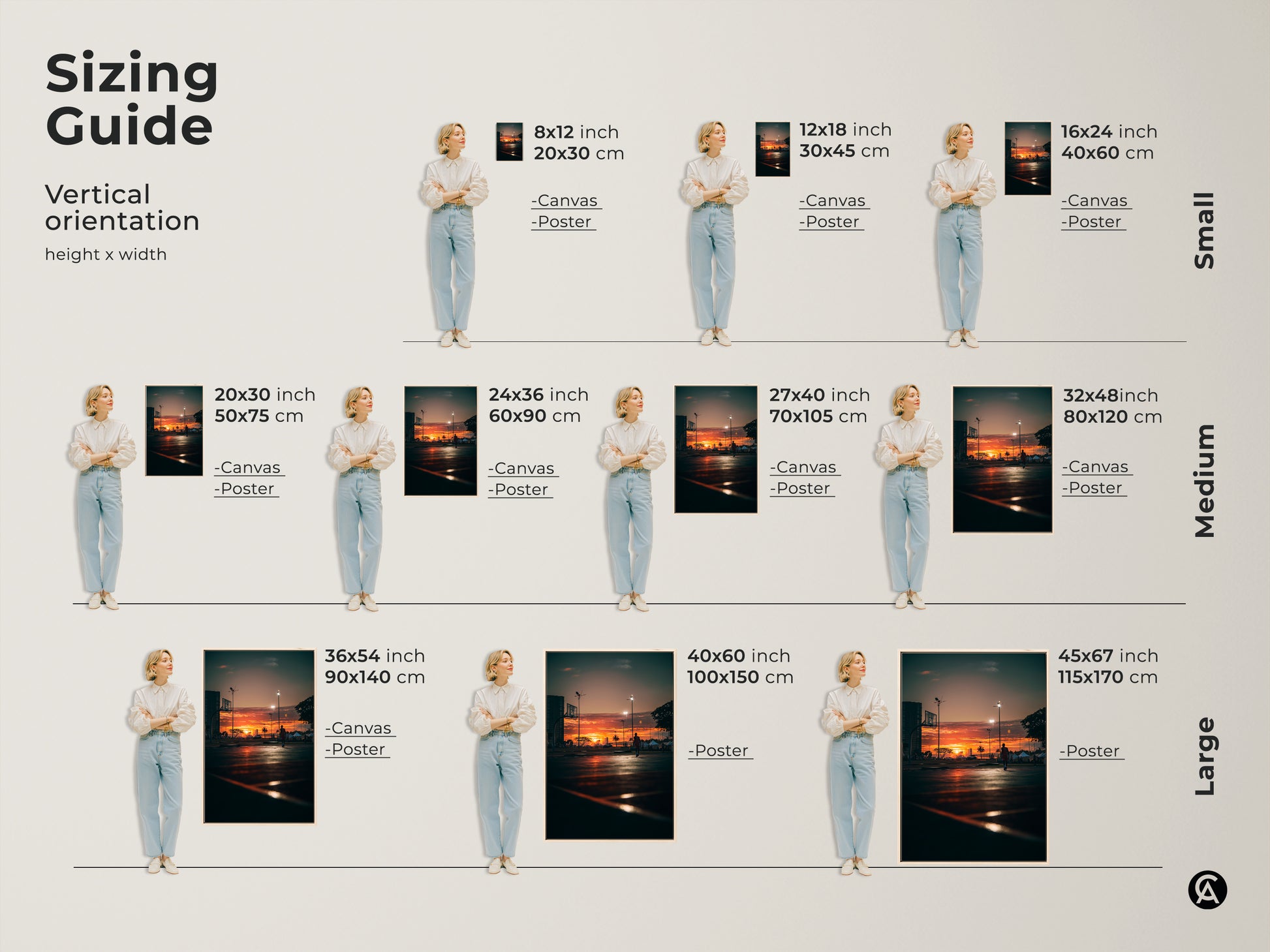 Sizing guide for vertical art prints. Available in small medium and large sizes. Options include canvas and poster prints. Find the perfect fit for your space and style. 