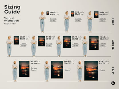 Sizing guide for vertical art prints. Available in small medium and large sizes. Options include canvas and poster prints. Find the perfect fit for your space and style. 