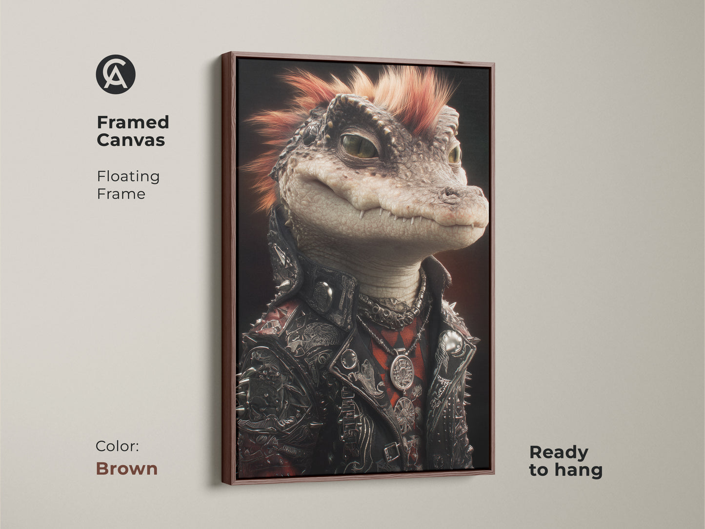 Framed canvas featuring the punk alligator art. The floating frame is brown ready to hang. This music lover piece fits any room. It's gothic reptile wall art. The alternative reptile print adds an edgy touch. This unique piece is perfect for a rocker.