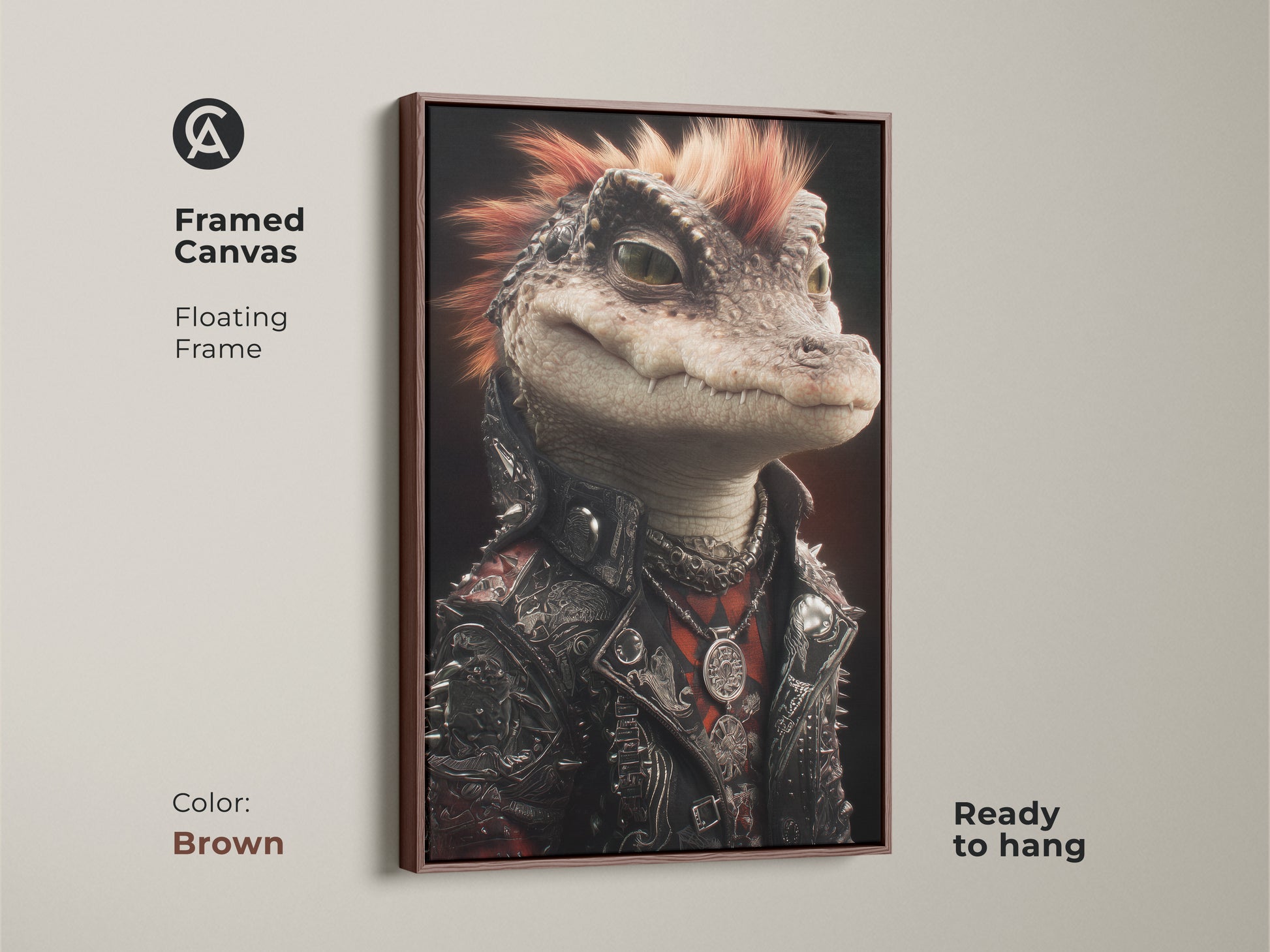 Framed canvas featuring the punk alligator art. The floating frame is brown ready to hang. This music lover piece fits any room. It's gothic reptile wall art. The alternative reptile print adds an edgy touch. This unique piece is perfect for a rocker.