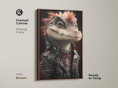 Framed canvas featuring the punk alligator art. The floating frame is brown ready to hang. This music lover piece fits any room. It's gothic reptile wall art. The alternative reptile print adds an edgy touch. This unique piece is perfect for a rocker.