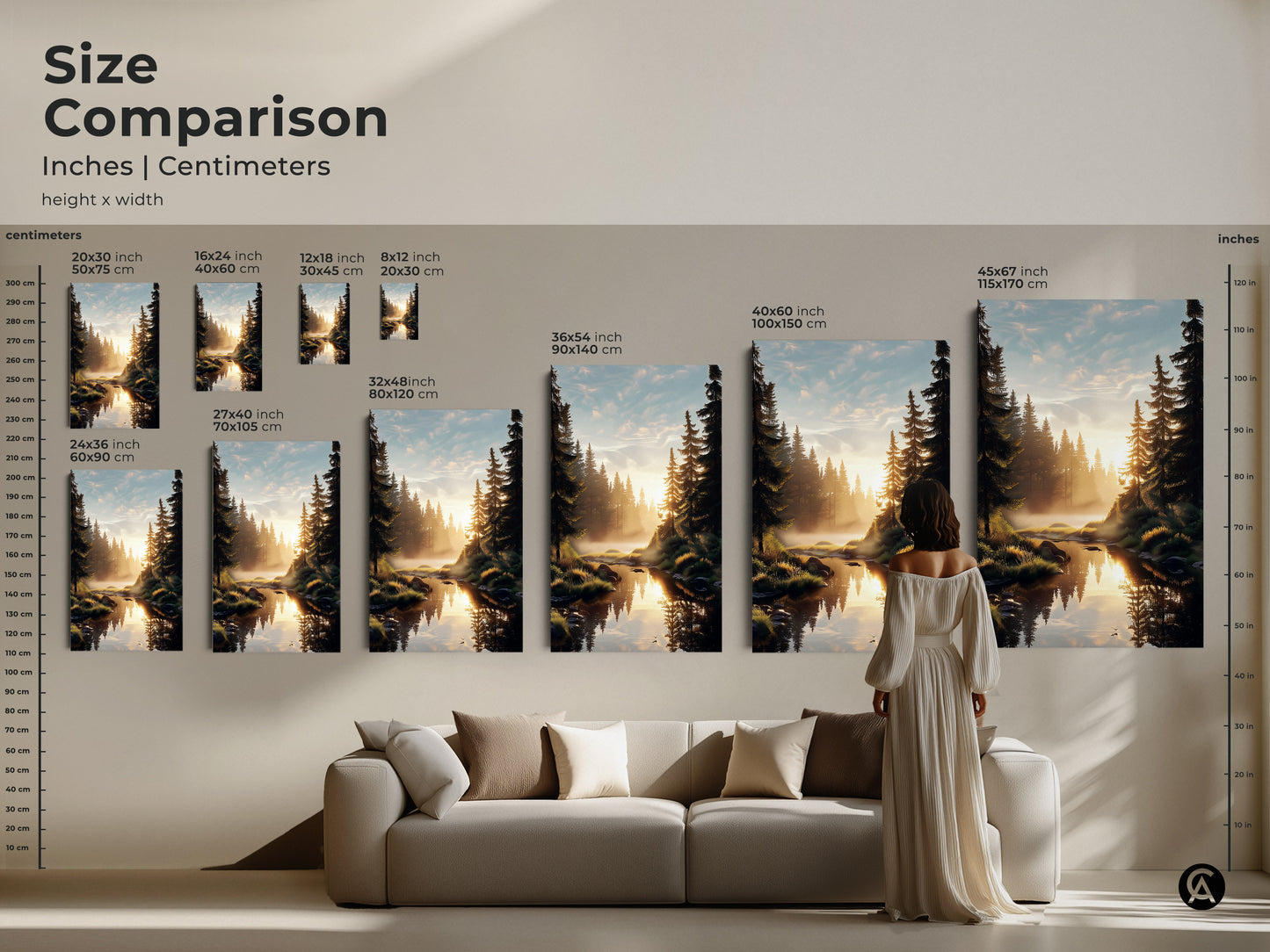 Size comparison of pine forest canvas prints and posters in a living room. See how different sizes of this golden hour landscape art fit above a sofa. Choose the perfect scenic forest artwork to enhance your home decor. Sizes range from small to large.