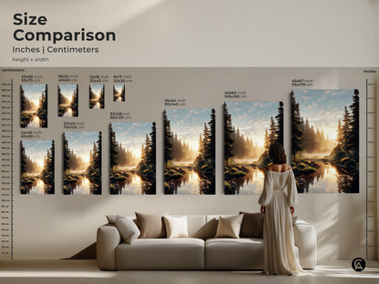 Size comparison of pine forest canvas prints and posters in a living room. See how different sizes of this golden hour landscape art fit above a sofa. Choose the perfect scenic forest artwork to enhance your home decor. Sizes range from small to large.