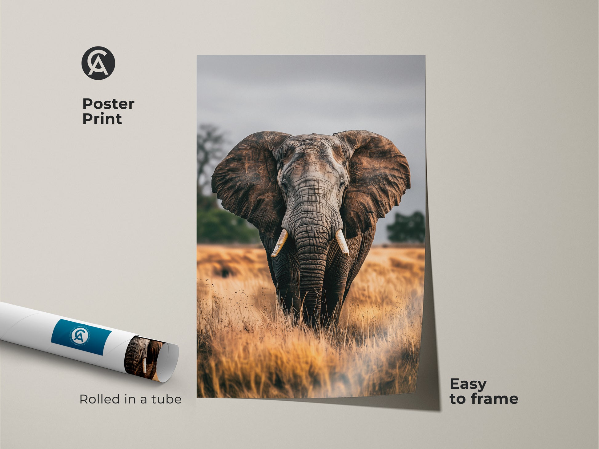 Poster print of an elephant in a savanna landscape. This animal art print is easy to frame and features earthy brown and grey tones. A great housewarming gift idea for nature lovers. This photorealistic animal art is rolled in a tube for convenient shipping and framing. This safari theme decor is perfect for any home.