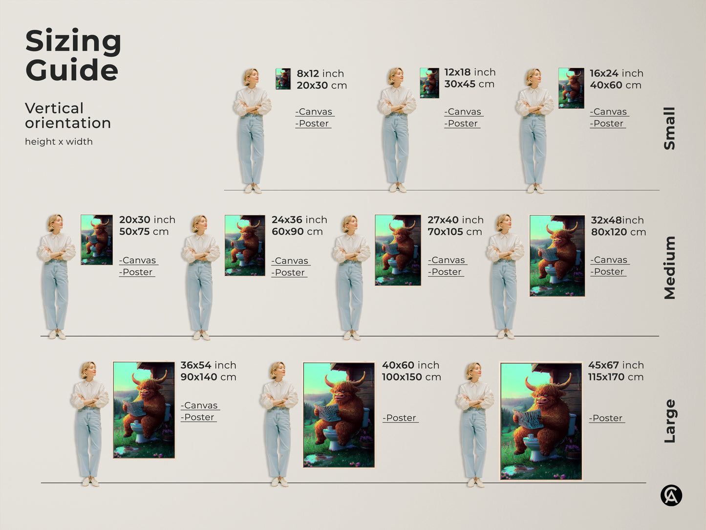 Sizing guide for a whimsical Highland cow art print on a toilet is shown. Vertical sizes from small to large are modeled. Select canvas or poster prints to fit any wall. Find the perfect size for bathroom decor.