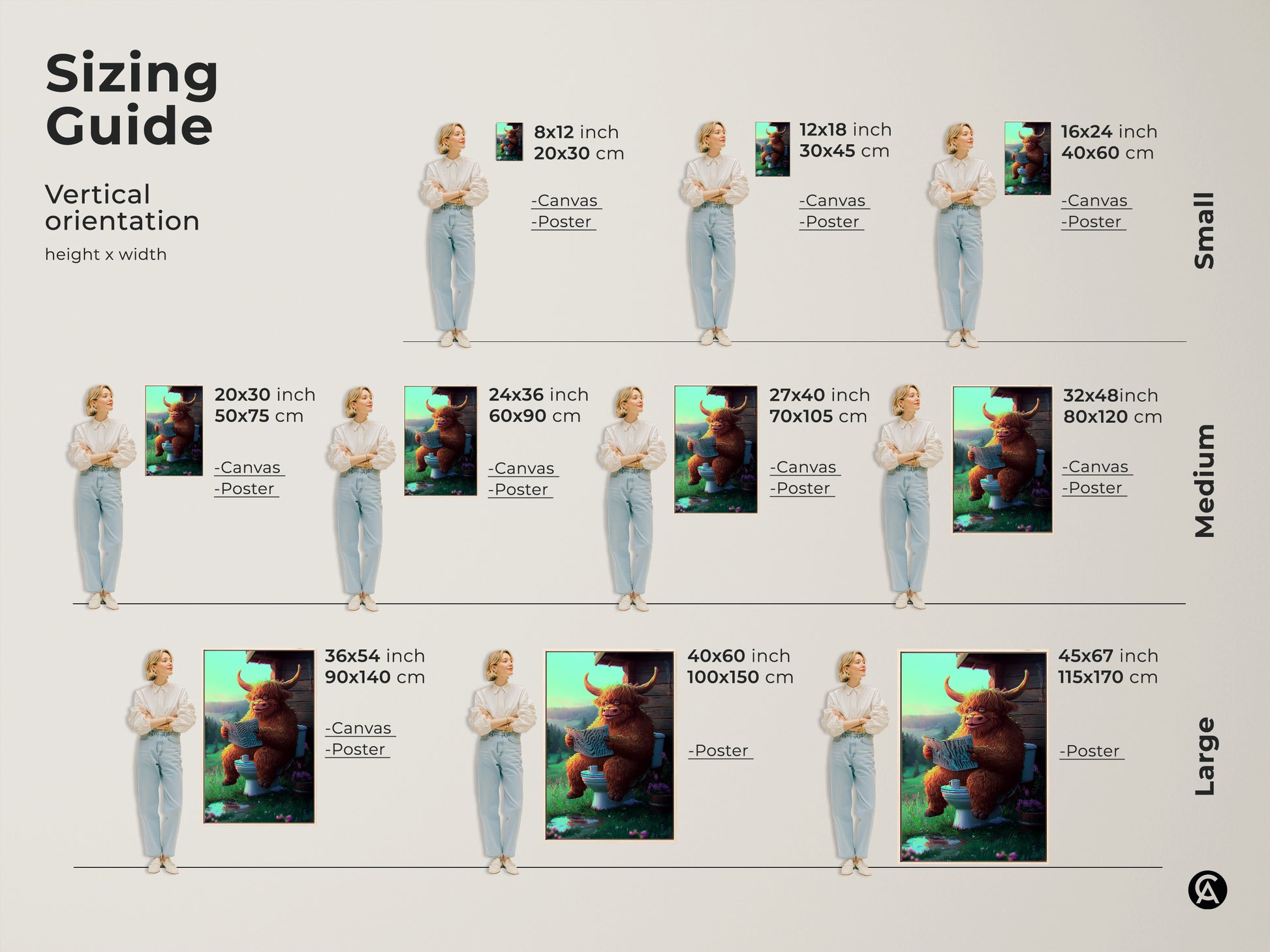Sizing guide for a whimsical Highland cow art print on a toilet is shown. Vertical sizes from small to large are modeled. Select canvas or poster prints to fit any wall. Find the perfect size for bathroom decor.