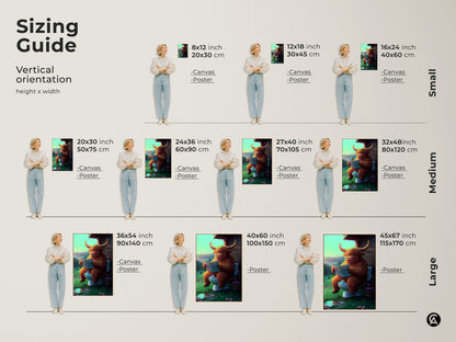 Sizing guide for a whimsical Highland cow art print on a toilet is shown. Vertical sizes from small to large are modeled. Select canvas or poster prints to fit any wall. Find the perfect size for bathroom decor.