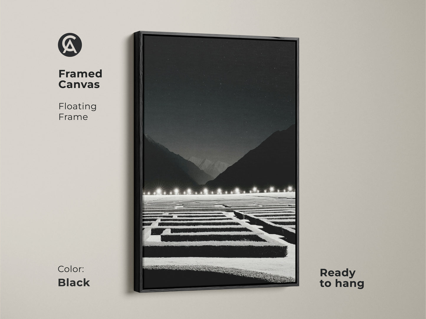 Black framed canvas with a minimalist maze artwork. This modern landscape art features a black and white night sky. Ready to hang; it is a perfect office strategy gift and wall decor.