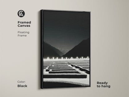 Black framed canvas with a minimalist maze artwork. This modern landscape art features a black and white night sky. Ready to hang; it is a perfect office strategy gift and wall decor.