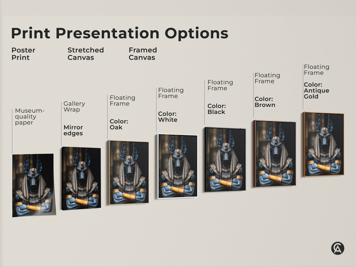 Print presentation options. Poster print on museum quality paper with mirror edges. Stretched canvas with gallery wrap. Framed canvas with floating frame in oak white black brown antique gold. Anubis Jackal God Art Print for Egyptian Mythology Wall Decor.