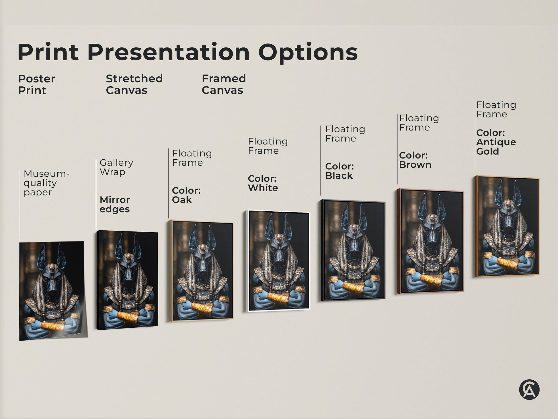 Print presentation options. Poster print on museum quality paper with mirror edges. Stretched canvas with gallery wrap. Framed canvas with floating frame in oak white black brown antique gold. Anubis Jackal God Art Print for Egyptian Mythology Wall Decor.