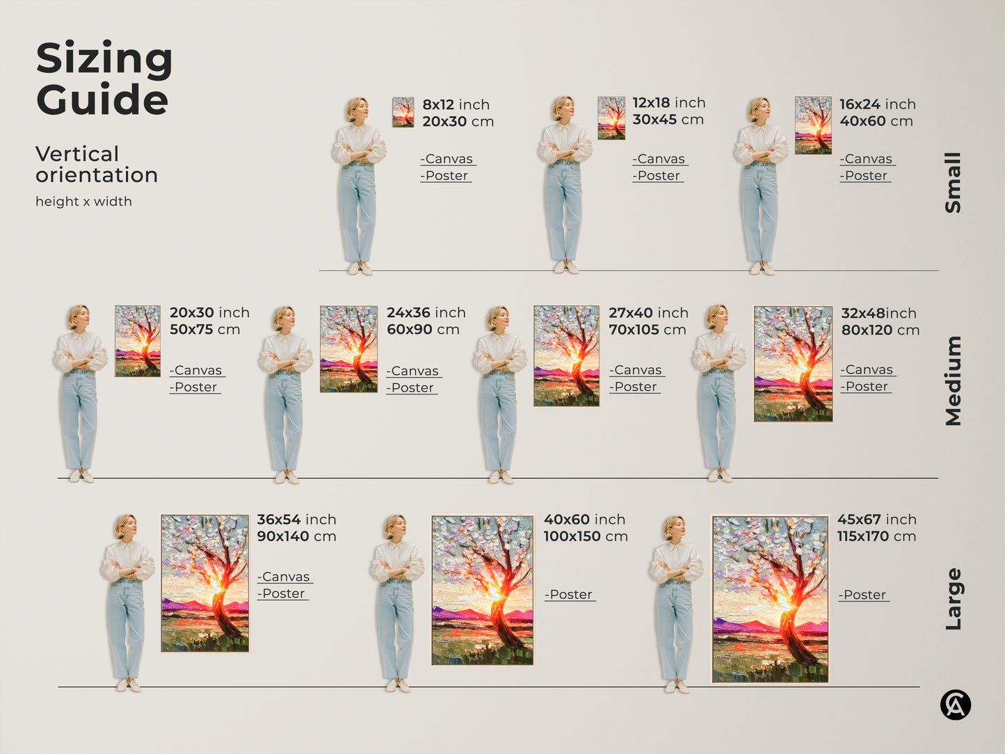 See the sizing guide for this impressionist landscape art featuring a blooming tree against a sunset. Available as canvas or poster print in sizes from small to large it's perfect for any room. Enhance your boho home decoration with this vibrant nature tree art print.