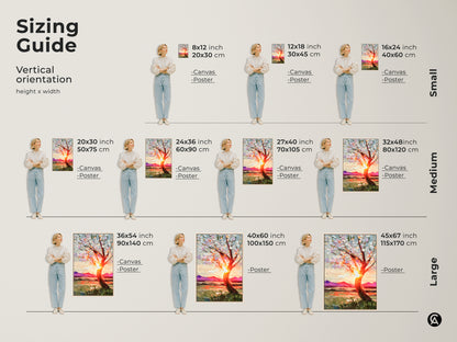 See the sizing guide for this impressionist landscape art featuring a blooming tree against a sunset. Available as canvas or poster print in sizes from small to large it's perfect for any room. Enhance your boho home decoration with this vibrant nature tree art print.