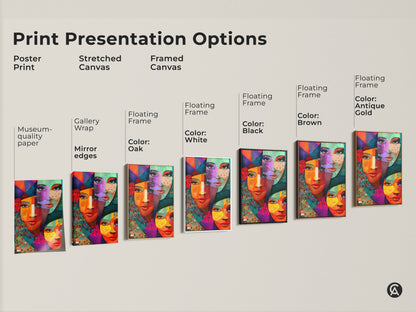 Explore print presentation options for geometric abstract faces art. Choose from poster prints stretched canvas and framed canvas. Various floating frame colors are available. Find the perfect eclectic artwork to complement your modern wall decor.