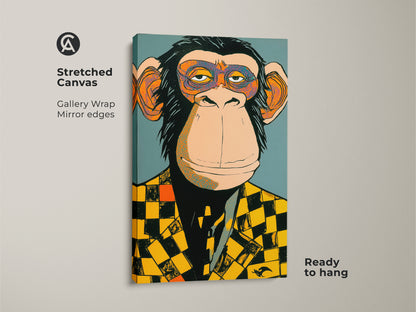 Gallery wrapped stretched canvas featuring a monkey in a checker blazer. The mirror edges enhance the artwork's depth creating a seamless display. This art is ready to hang adding a touch of whimsy to your decor. A unique conversation starter for any room.