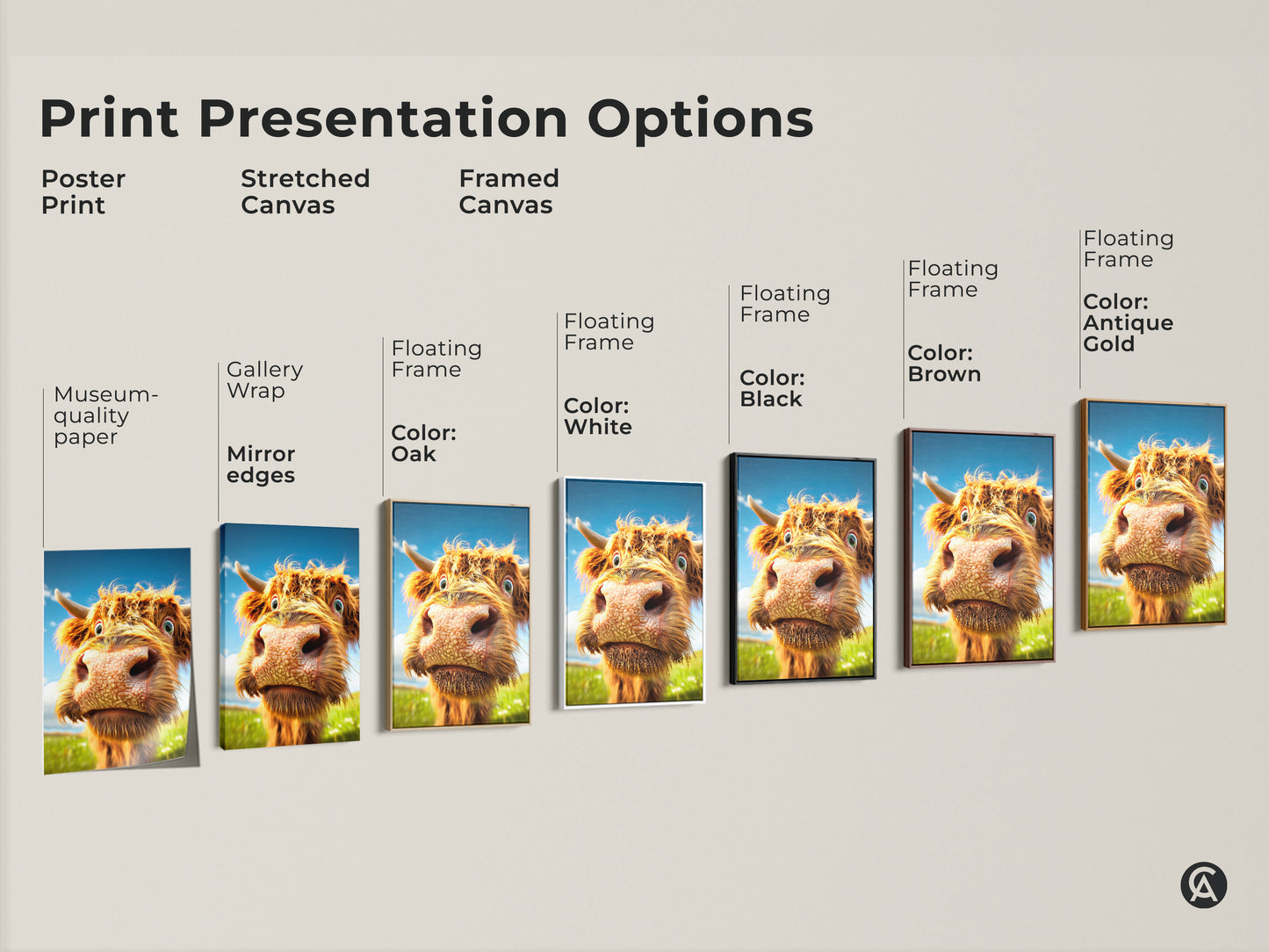 Explore print presentation options. See poster prints stretched canvas and framed canvas options. Framed options are white black brown oak and antique gold. Find the perfect fluffy cow art.