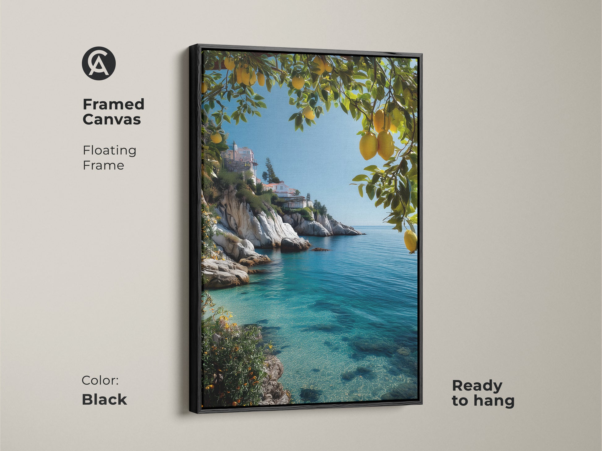Black framed canvas featuring Mediterranean villa artwork. Lemon trees frame the turquoise ocean view. A beautiful coastal landscape art print. Ready to hang beach house decor.