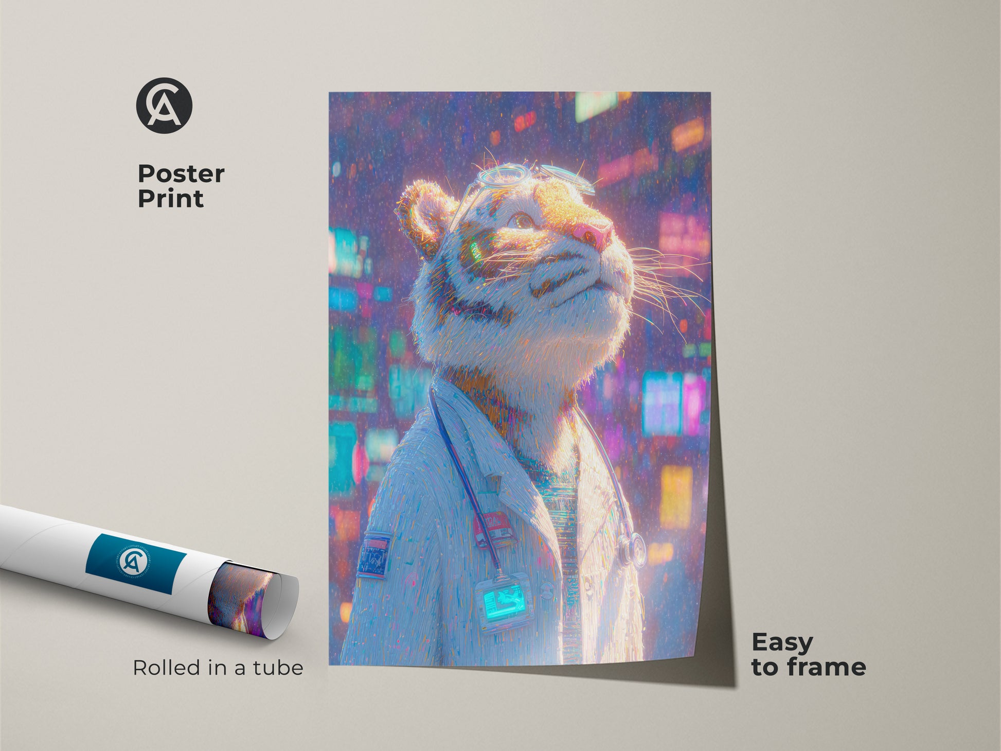Poster print of a tiger dressed as a doctor. The modern art print is easy to frame. The art is rolled in a tube for shipping. This wall art is a unique piece. Buy it today.