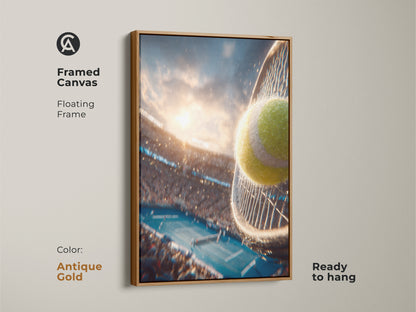Framed canvas artwork with a floating frame. The antique gold frame enhances the artwork. The artwork is ready to hang. This artwork shows a tennis ball hitting a racket during a match. The crowd is blurred.