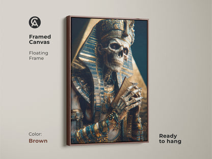 Framed Canvas showcasing Egyptian Pharaoh Skeleton artwork. Enclosed in a brown floating frame the dark academia canvas features gold and blue tones. Ready to hang adds ancient artifacts decor.
