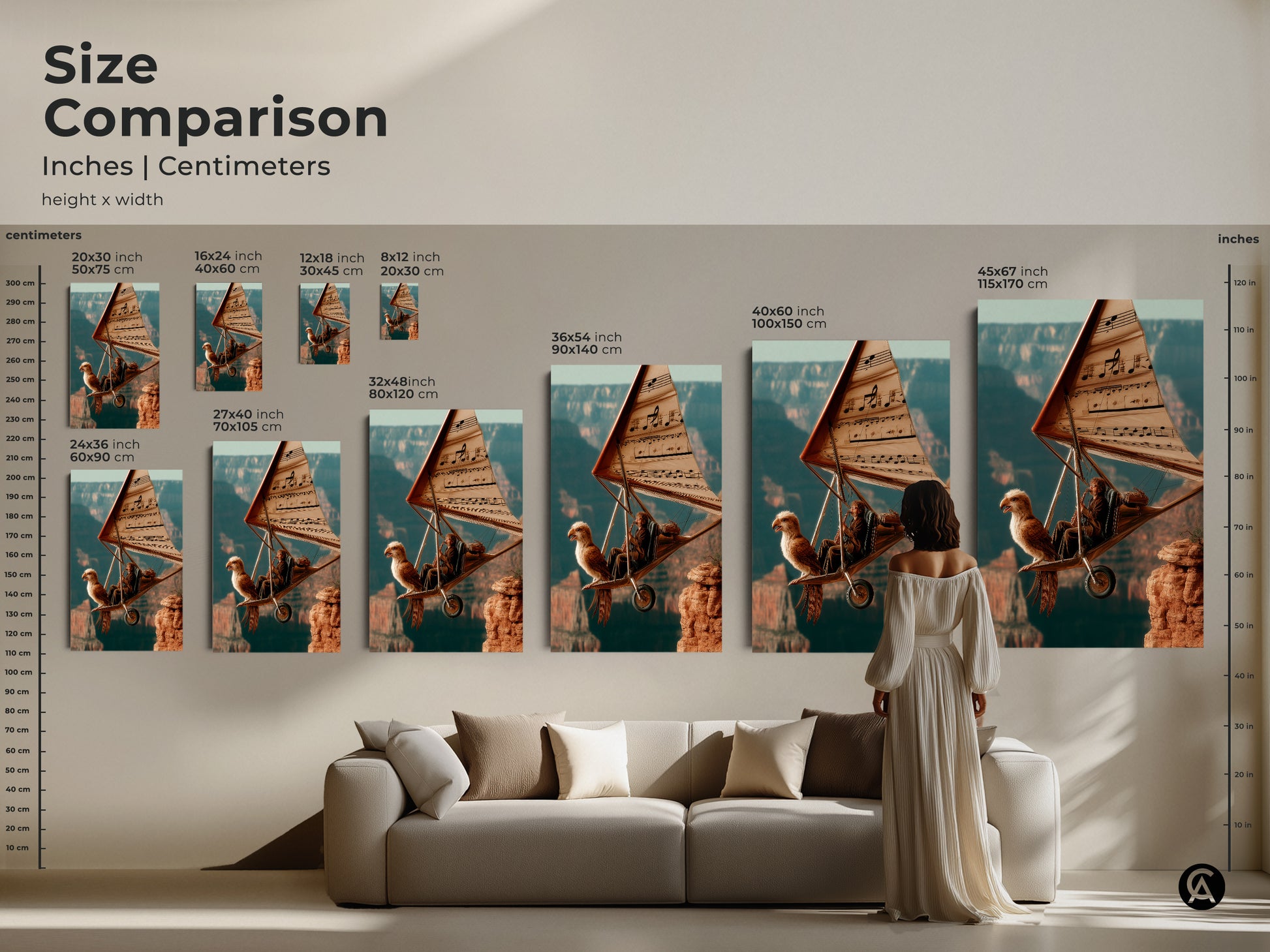 Size Comparison of Surreal Flight Canvas Art. See how the musician eagle hang glider art looks in various sizes. This wall decor is available in inches and centimeters. Perfect for adding an eclectic touch to any room the teal orange and brown tones bring a sense of adventure.