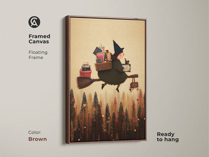 Framed Canvas artwork of a Folk Art Witch flying with books for Halloween Decor. The Kids Room Wall Art features an Eclectic Forest Artwork style in Olive Green. Ready to hang in Brown Frame.