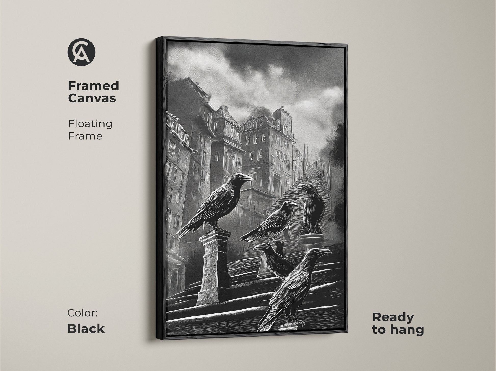 Framed canvas showcases gothic cityscape art. The dark academia crow wall art features black and white urban architecture. This gothic literature fan gift is ready to hang with a black floating frame. The raven perched on building art adds a moody gothic touch. Elevate your space with this monochrome bird art print. Gothic art for study and dark academia home decor.
