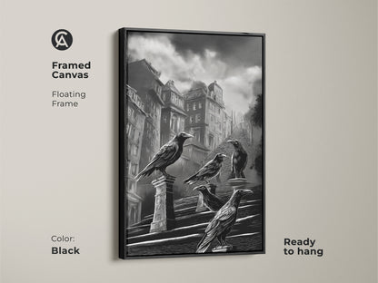 Framed canvas showcases gothic cityscape art. The dark academia crow wall art features black and white urban architecture. This gothic literature fan gift is ready to hang with a black floating frame. The raven perched on building art adds a moody gothic touch. Elevate your space with this monochrome bird art print. Gothic art for study and dark academia home decor.
