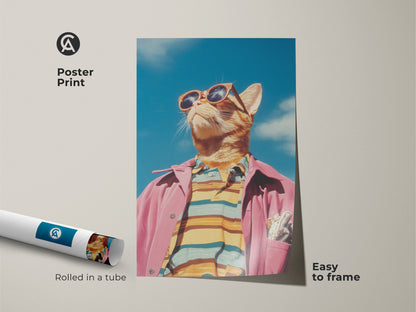 Poster print featuring a trendy cat wearing sunglasses and a pink jacket. The artwork is rolled in a tube for easy framing. Ideal for adding a touch of humor to any room. This cat art poster is easy to frame and display.