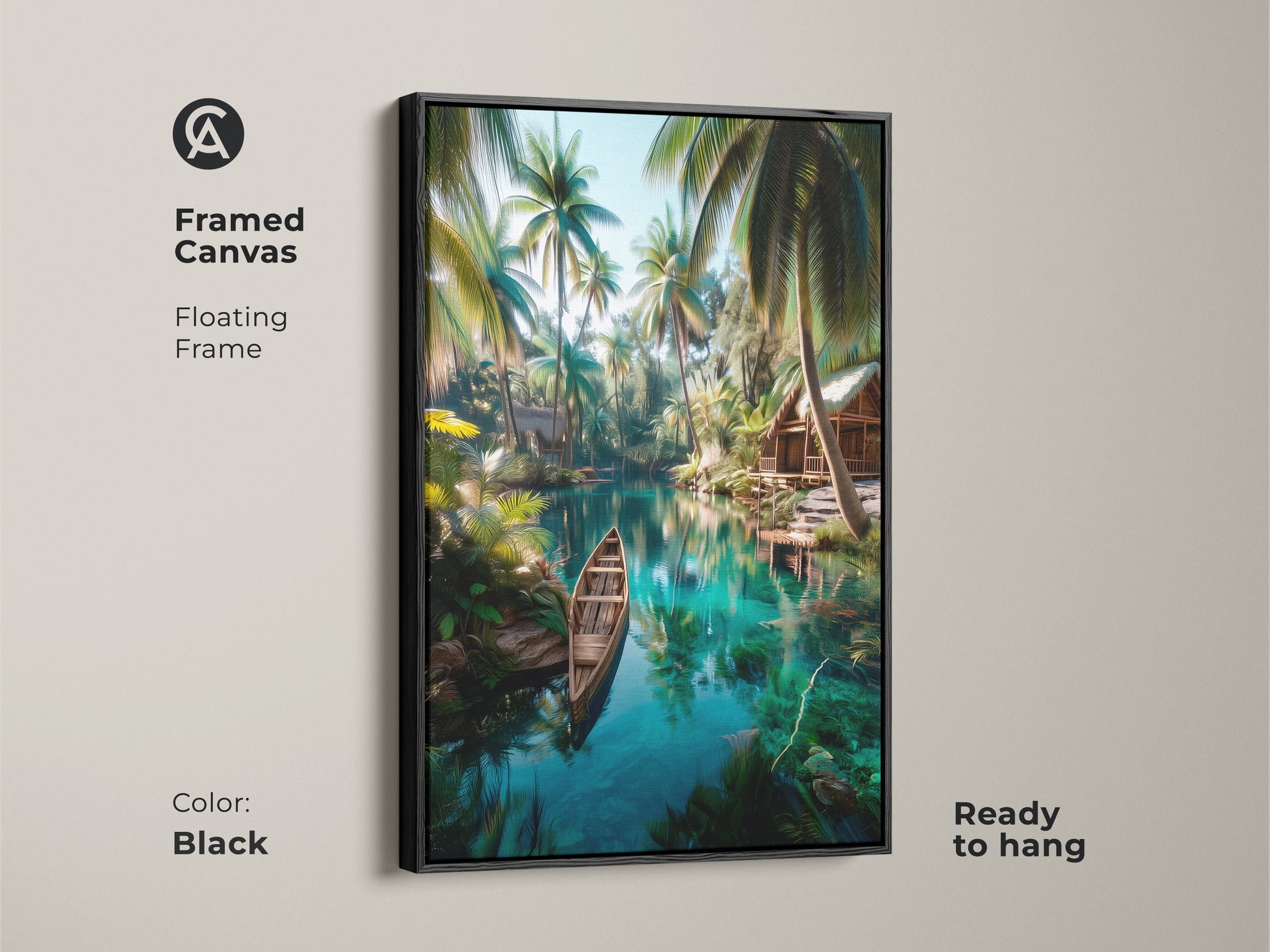 Framed canvas print with a floating frame in black. The tropical island art captures a serene lagoon scene. Ready to hang this framed artwork instantly enhances your living space with elegance.