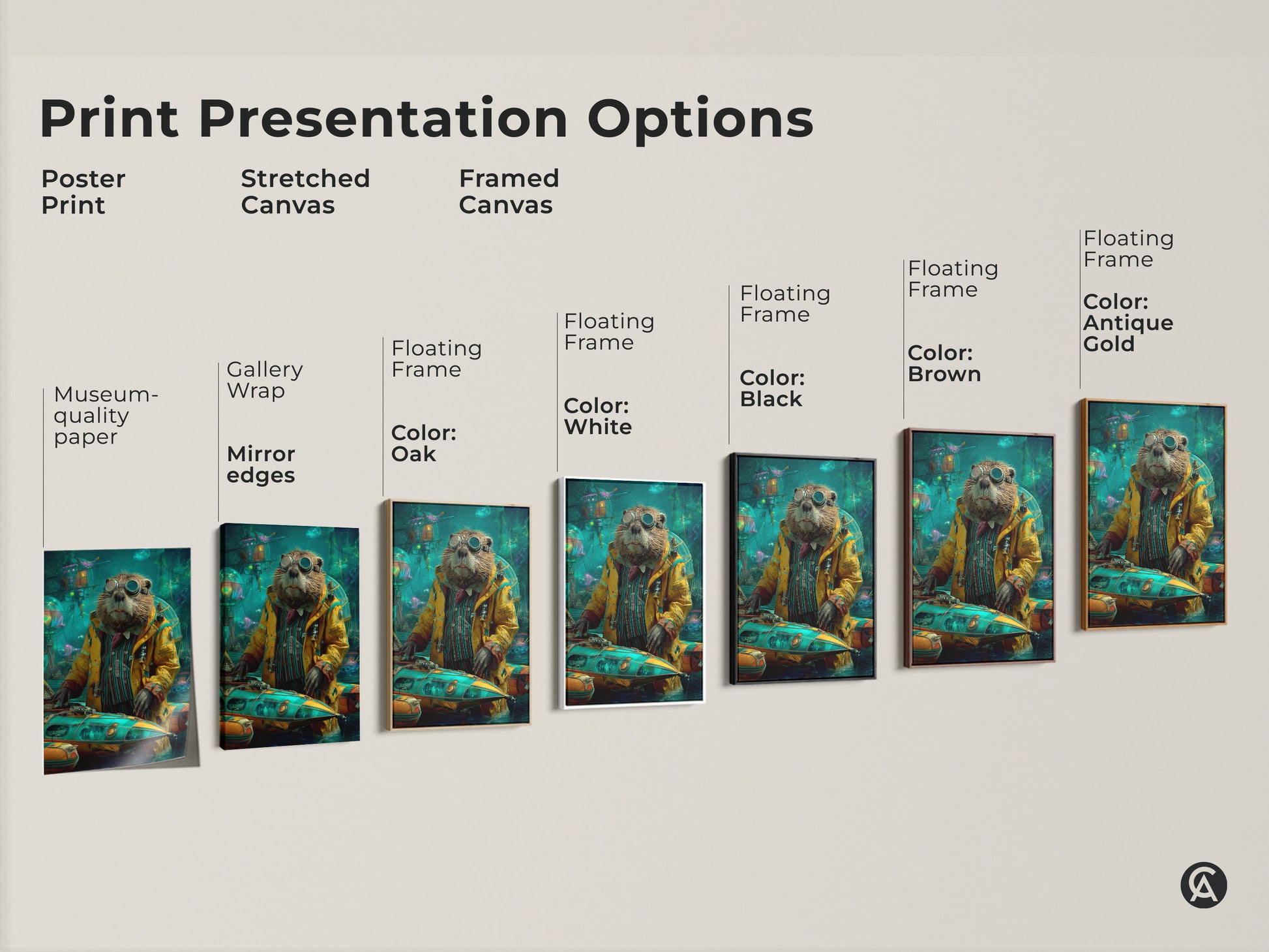 Explore presentation options for this steampunk otter art print. Choose from a poster print a stretched canvas or a framed canvas. Each offers a unique way to display this adventure animal artwork. Transform your walls with unique art.