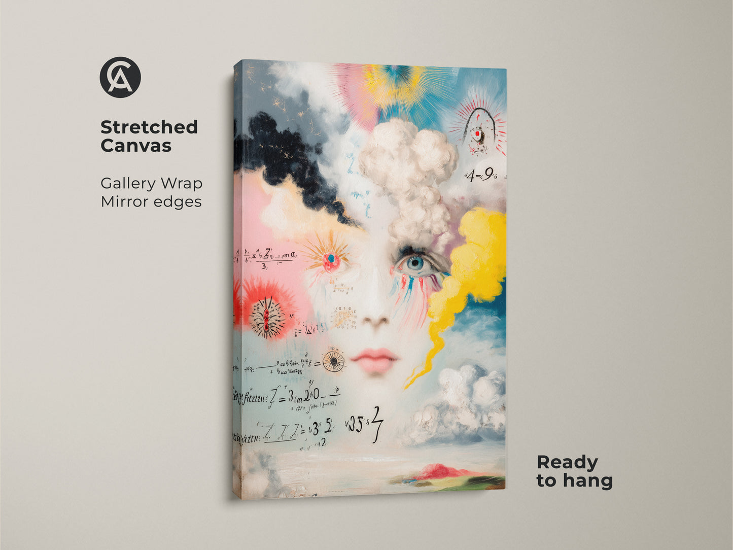 This is a close-up of the surreal face canvas art. The conceptual print has gallery wrapped edges and a mirror effect. This stretched canvas arrives ready to hang in your study room or office.